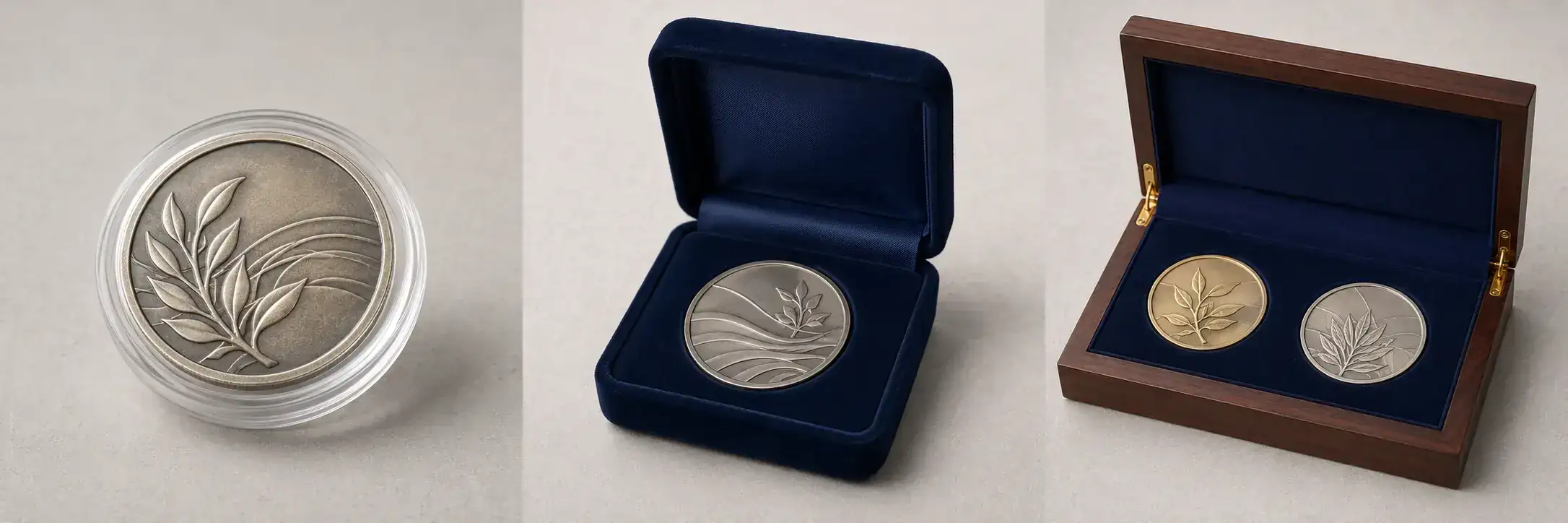 Coin capsules velvet boxes and wooden presentation packaging
