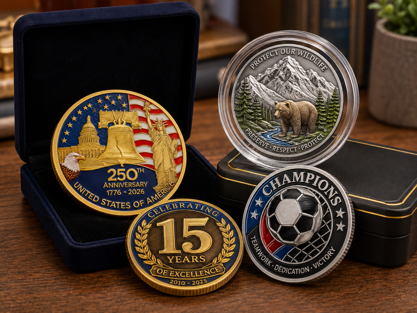 Custom challenge coins presented with velvet boxes, capsules and gift packaging