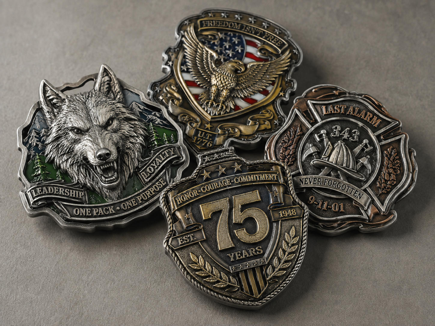 Custom-shaped challenge coins based on emblems and identity symbols