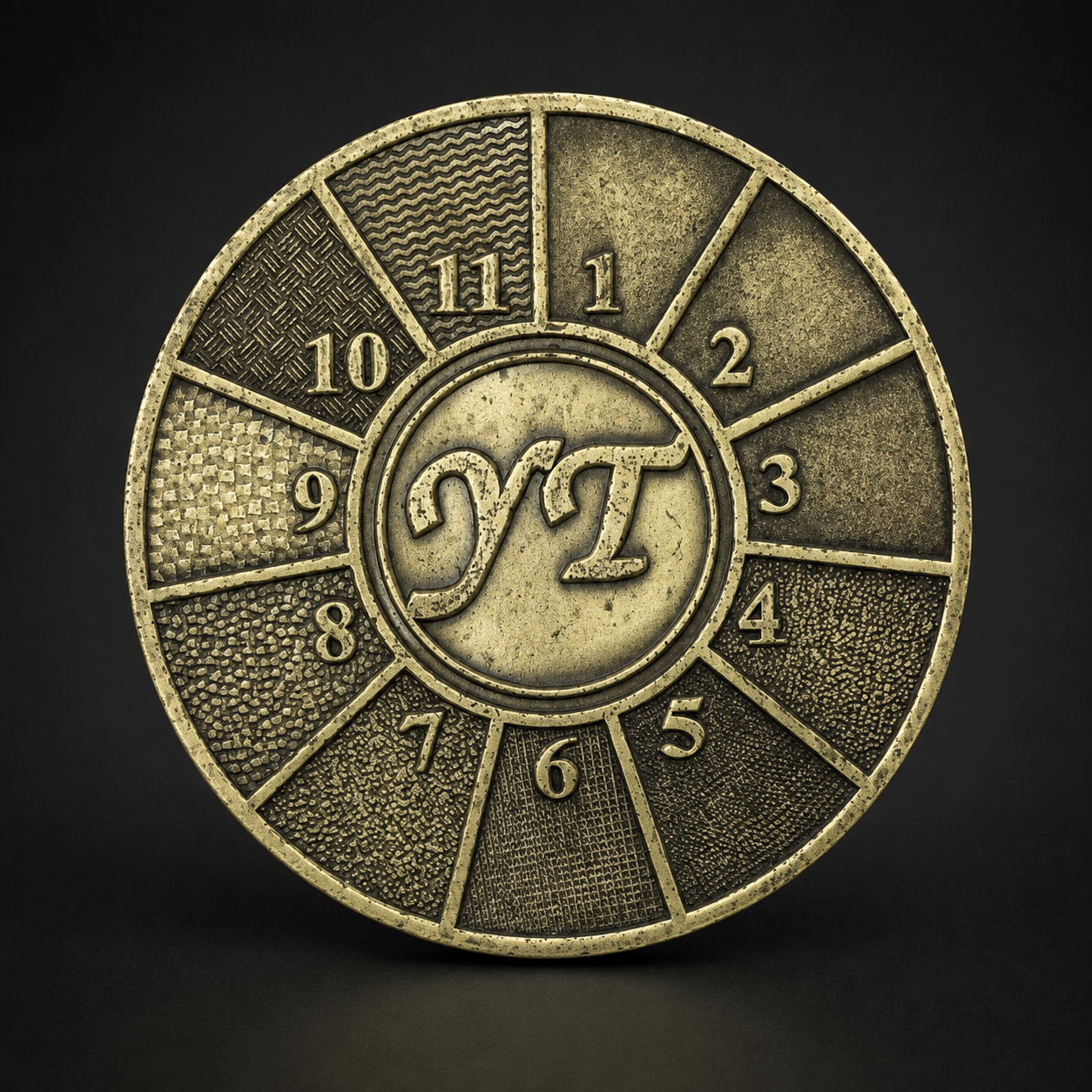 Antique brass sample coin showing eleven numbered surface texture patterns