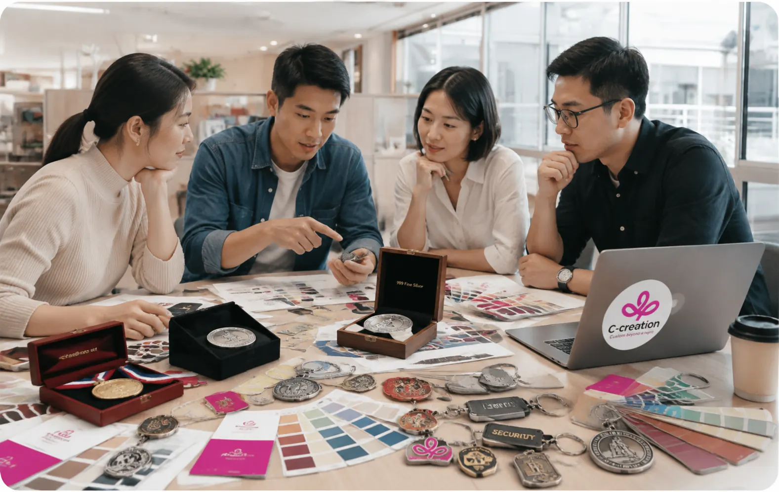 C-Creation sourcing team reviewing custom product samples