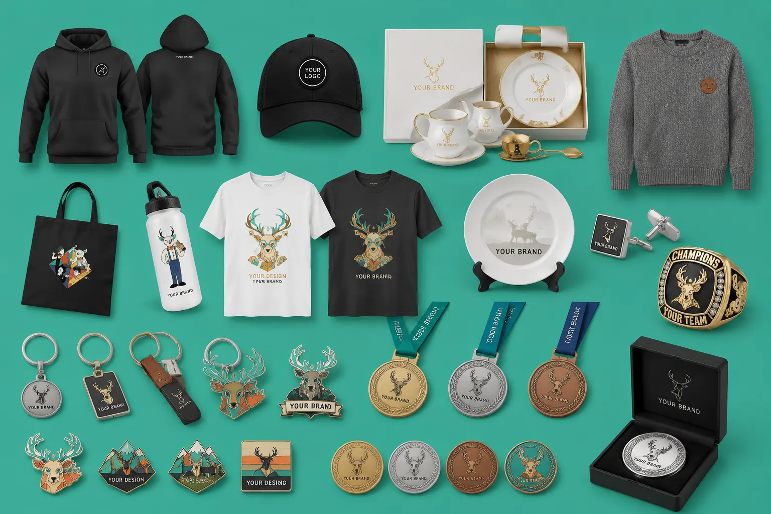 Custom merchandise product universe including apparel, gifts, drinkware, medals, pins and keychains