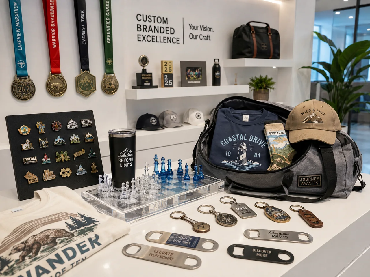 Custom merchandise collection including medals, pins, apparel, bags, drinkware, keychains and bottle openers
