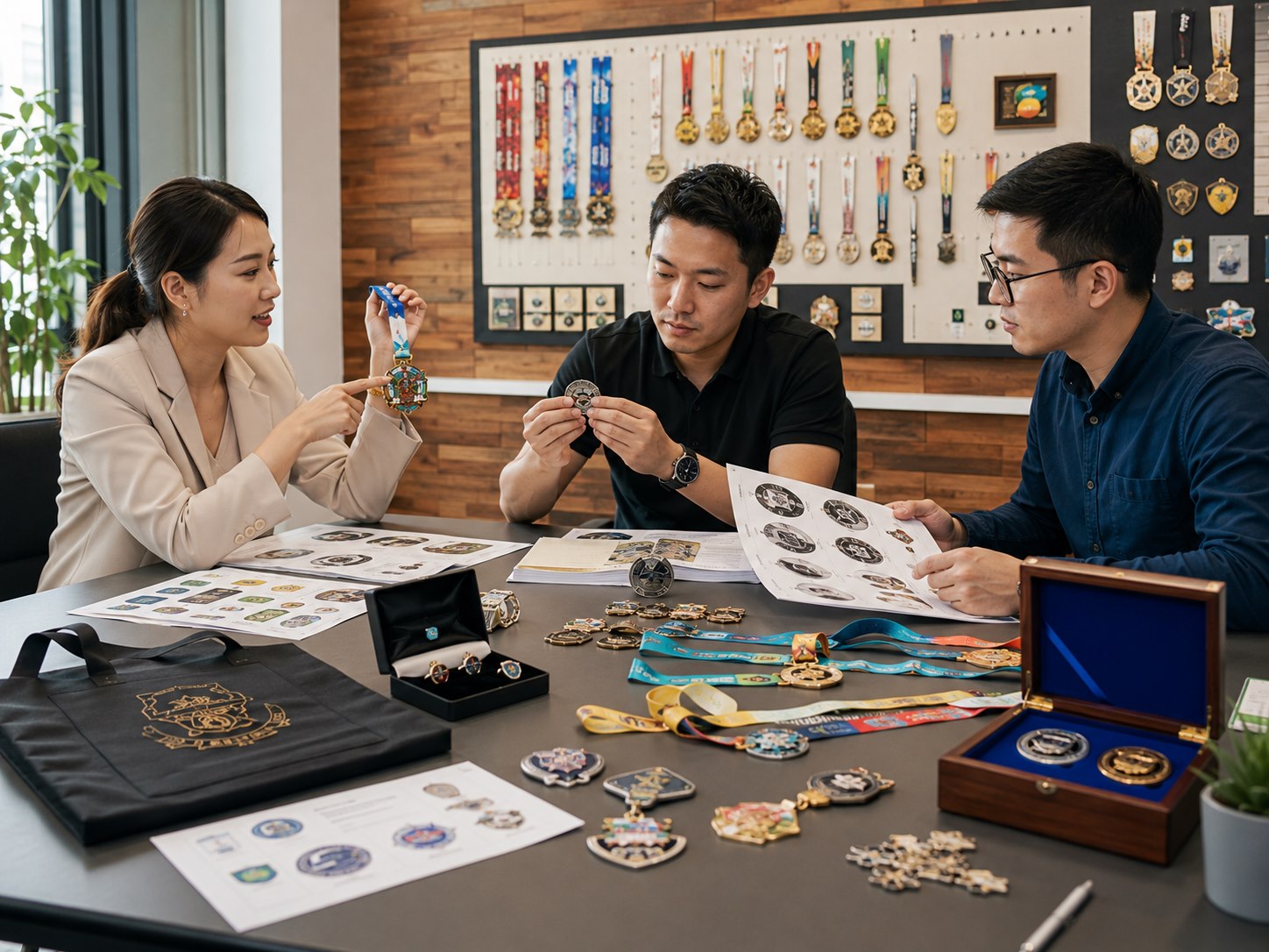 C-Creation team reviewing custom medals and merchandise designs
