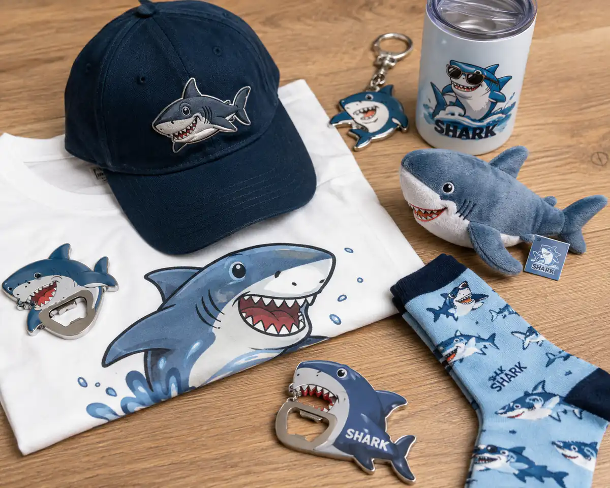Anonymized shark merchandise collection for an Australian marine park