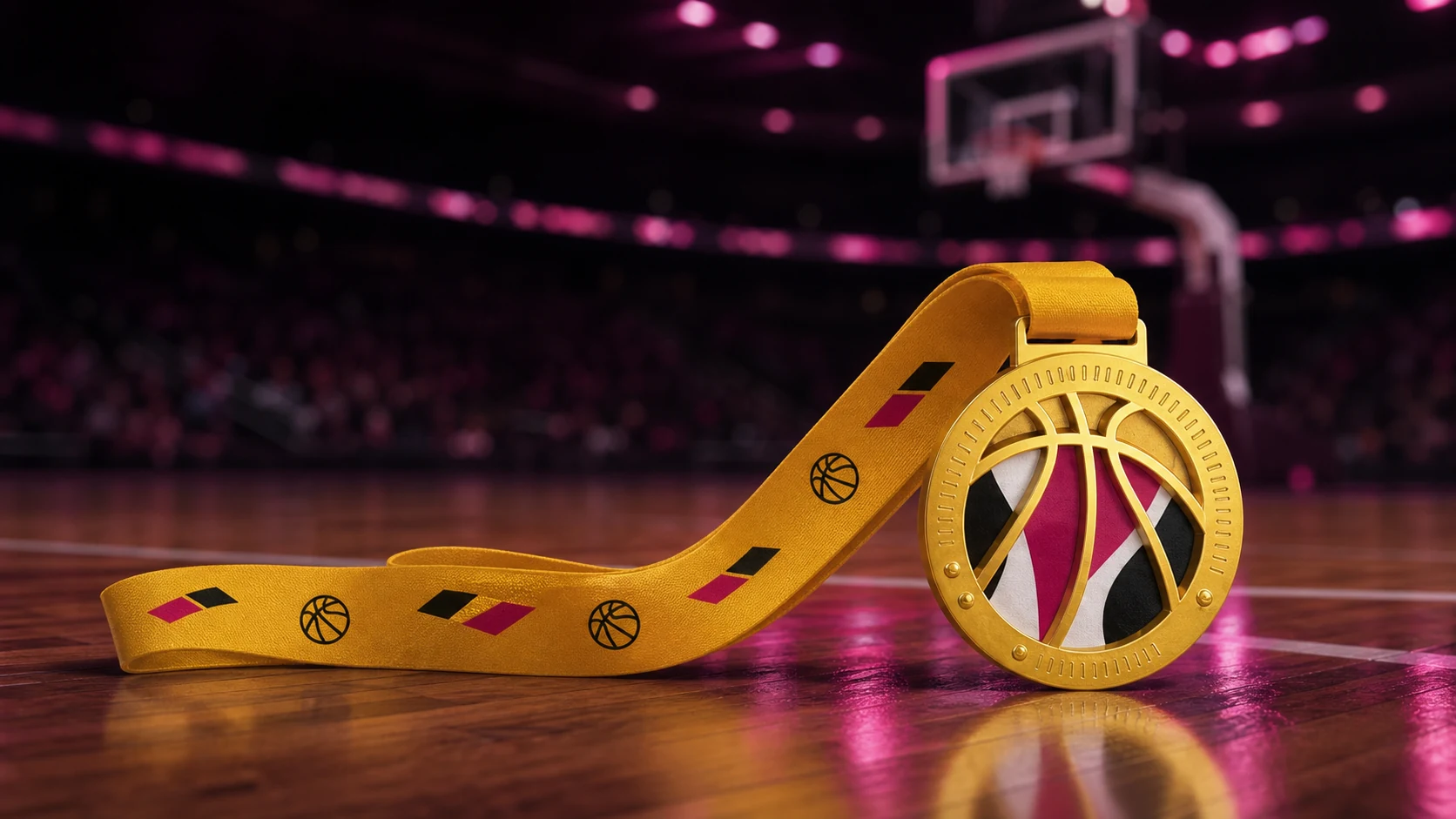 Anonymized custom double-layer basketball medal in a softly blurred indoor arena