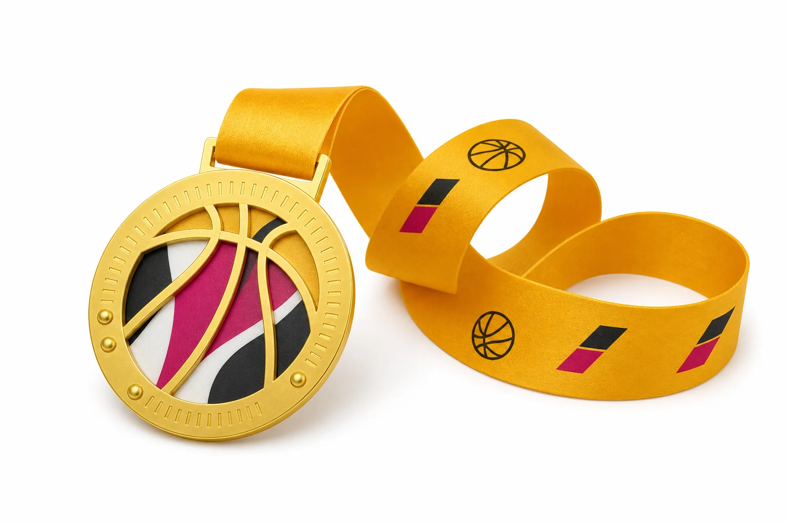 Complete anonymized double-layer basketball medal and custom ribbon on a pure white background