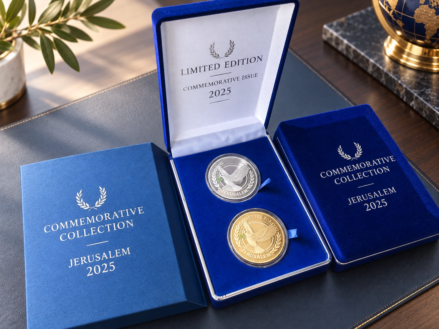 Commemorative coins in clear capsules displayed in a blue velvet presentation box