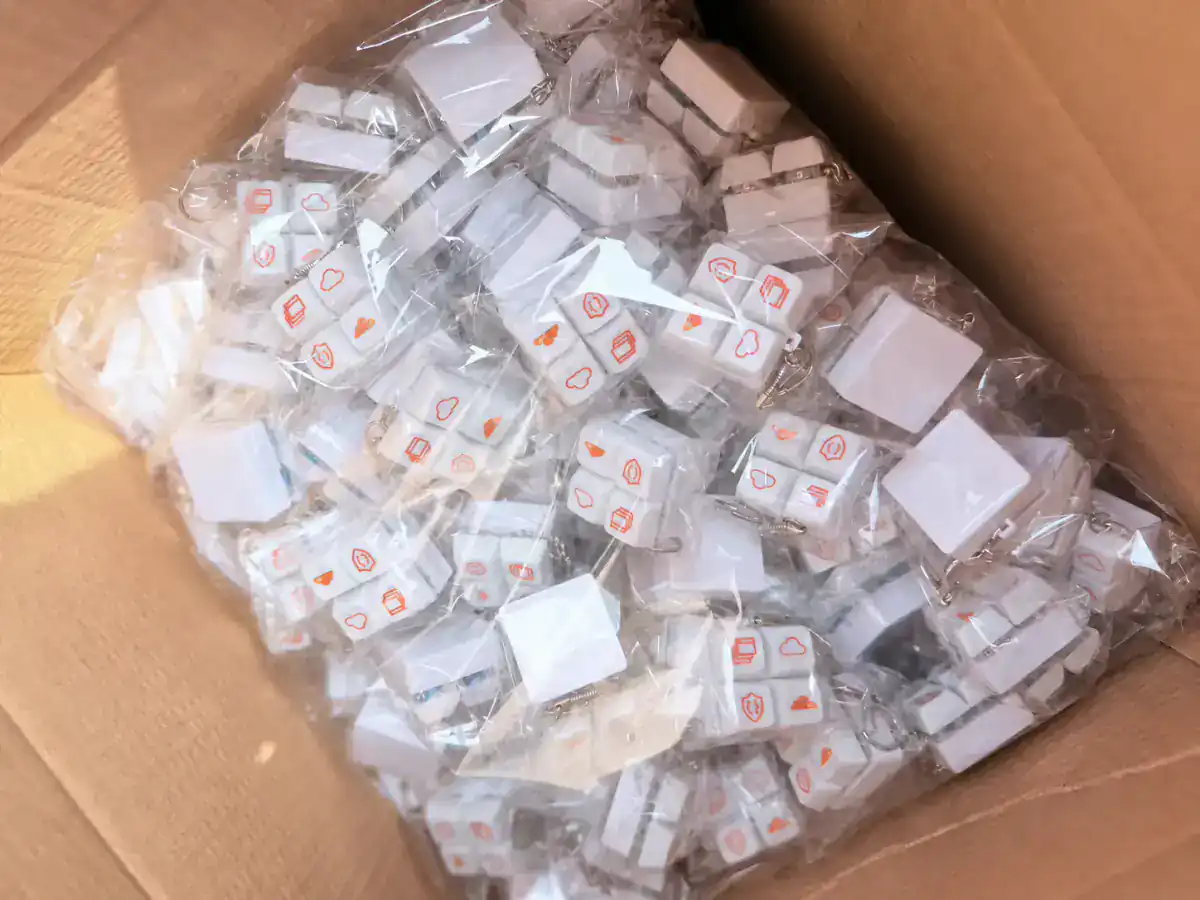 Anonymized keyboard-style keychains individually bagged in bulk