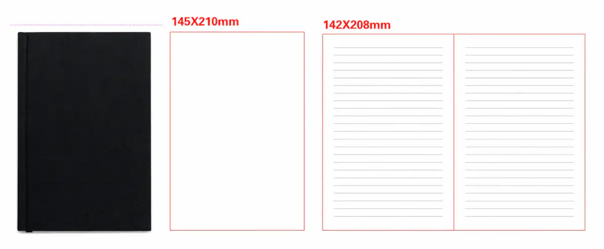 Anonymized digital effect proof for a custom A5 linen notebook