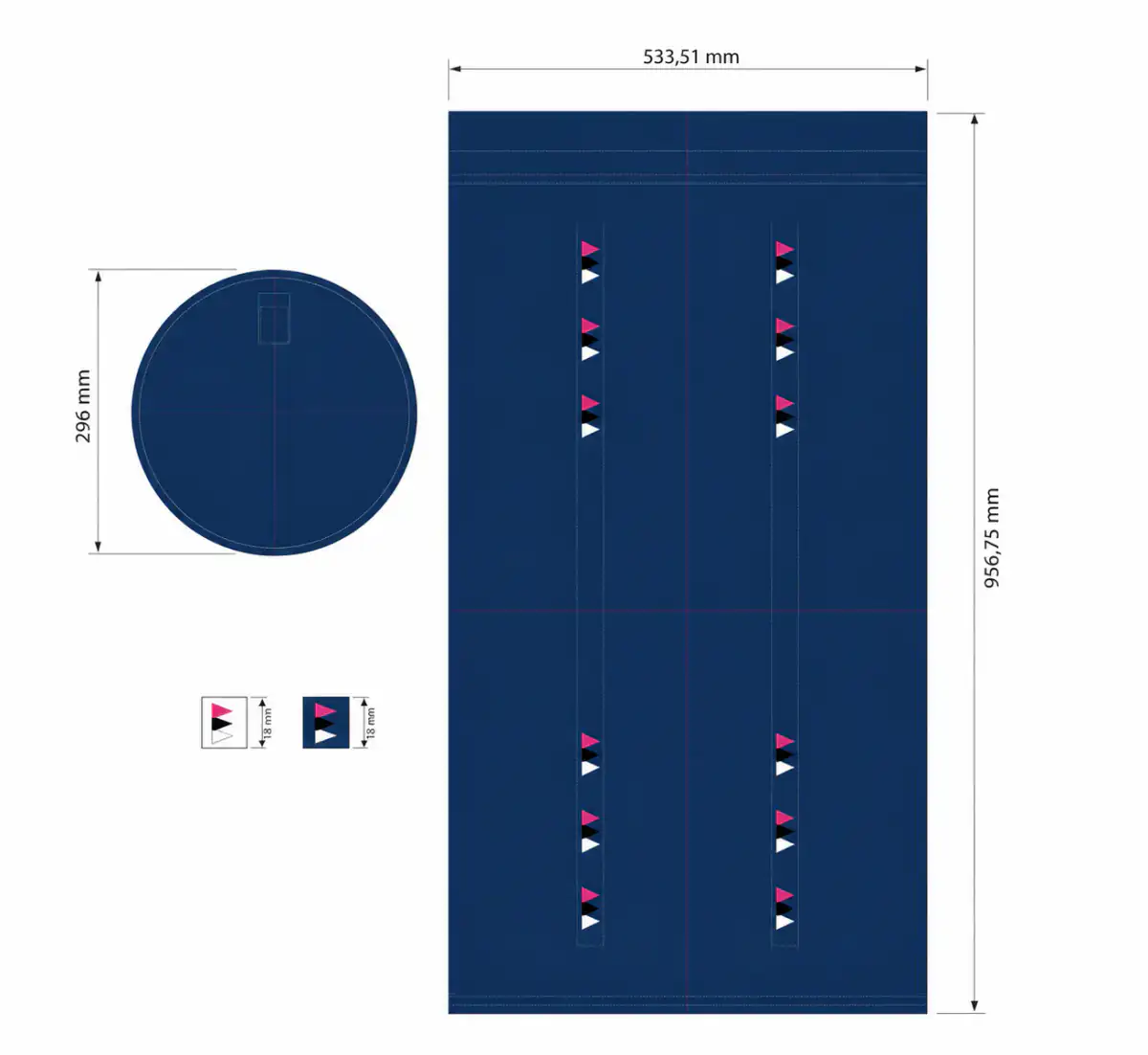 Anonymized travel bag technical artwork with triangle brand marks