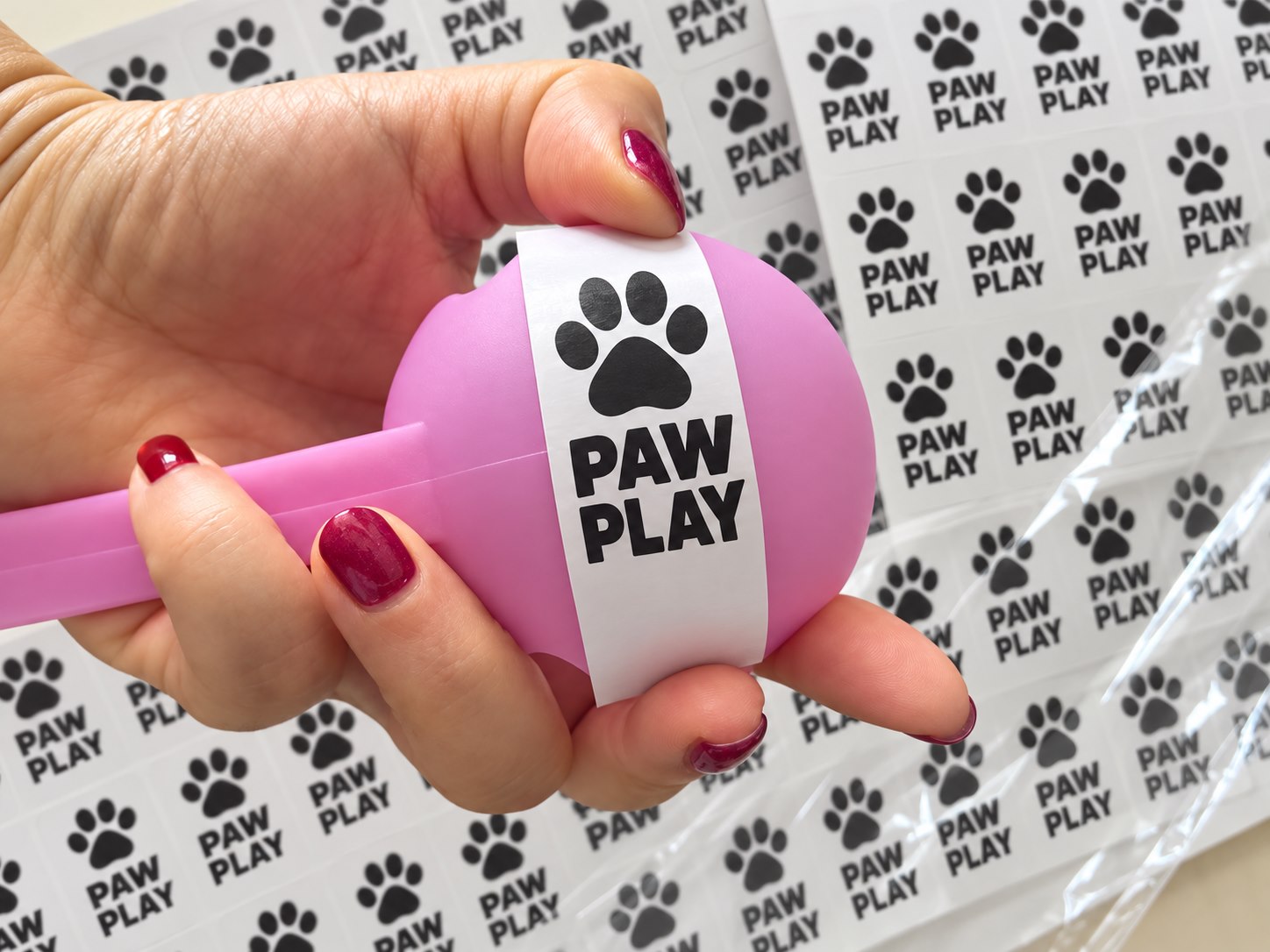 Anonymized logo sticker held against the pink dog ball launcher cup
