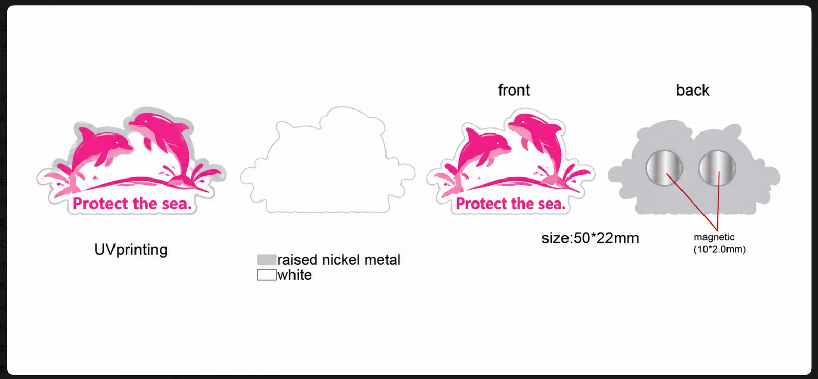 Production confirmation showing front, back, size and magnet placement