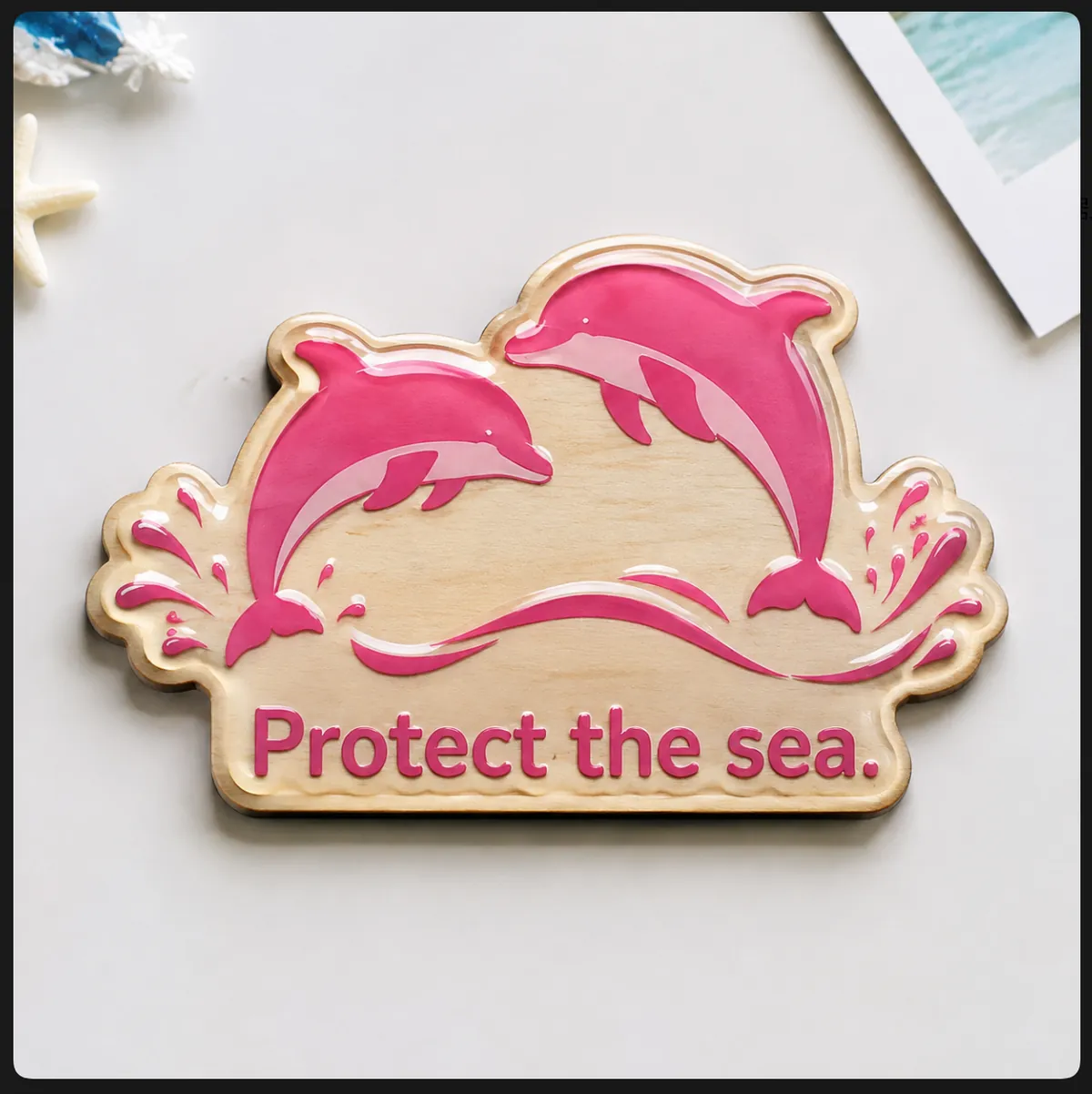 Pink dolphin wood fridge magnet with clear epoxy coating