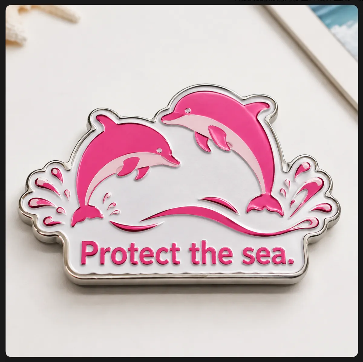 Finished pink dolphin zinc alloy UV printed fridge magnet
