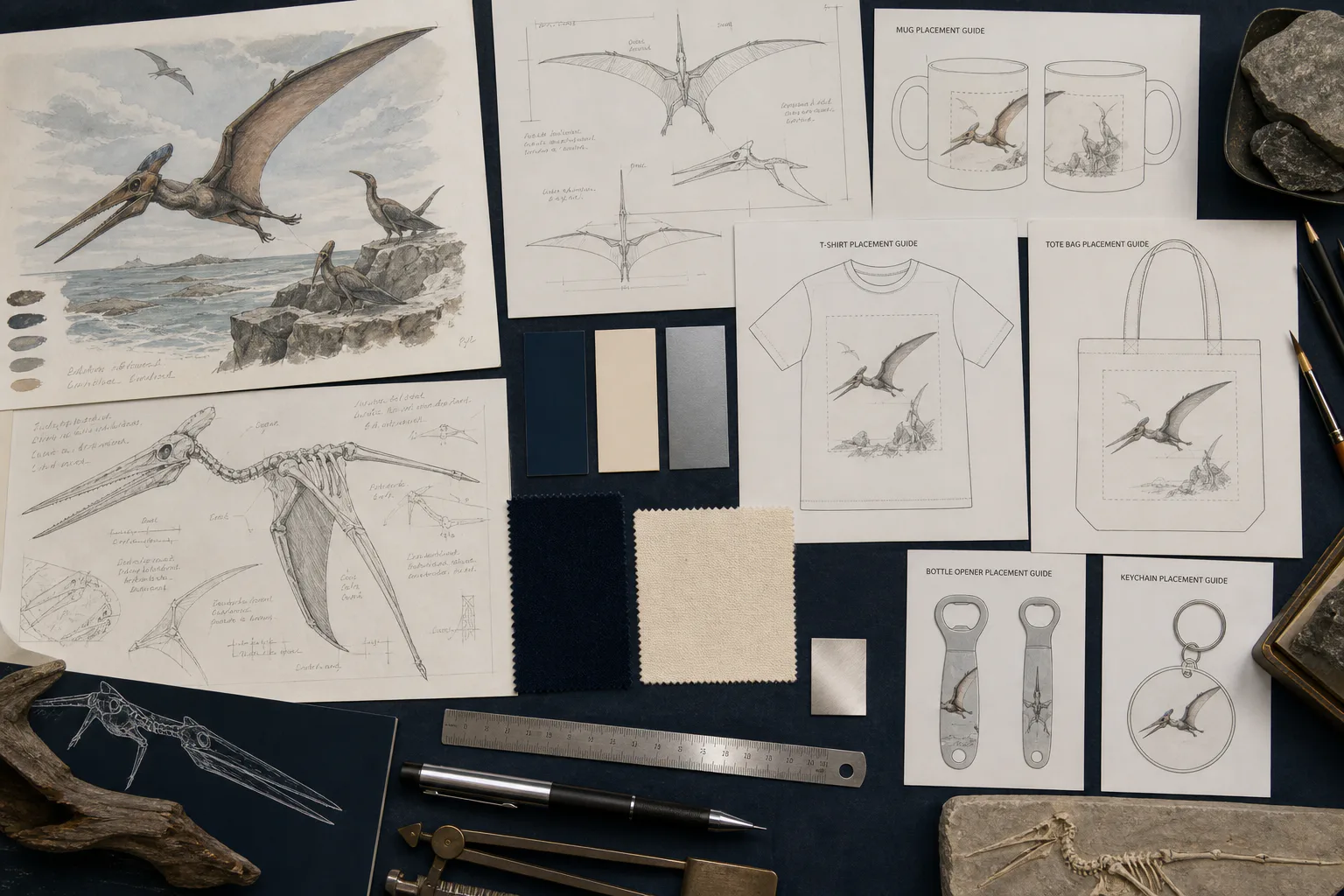 Illustrative pterosaur merchandise design-development board with artwork, placement guides and material swatches
