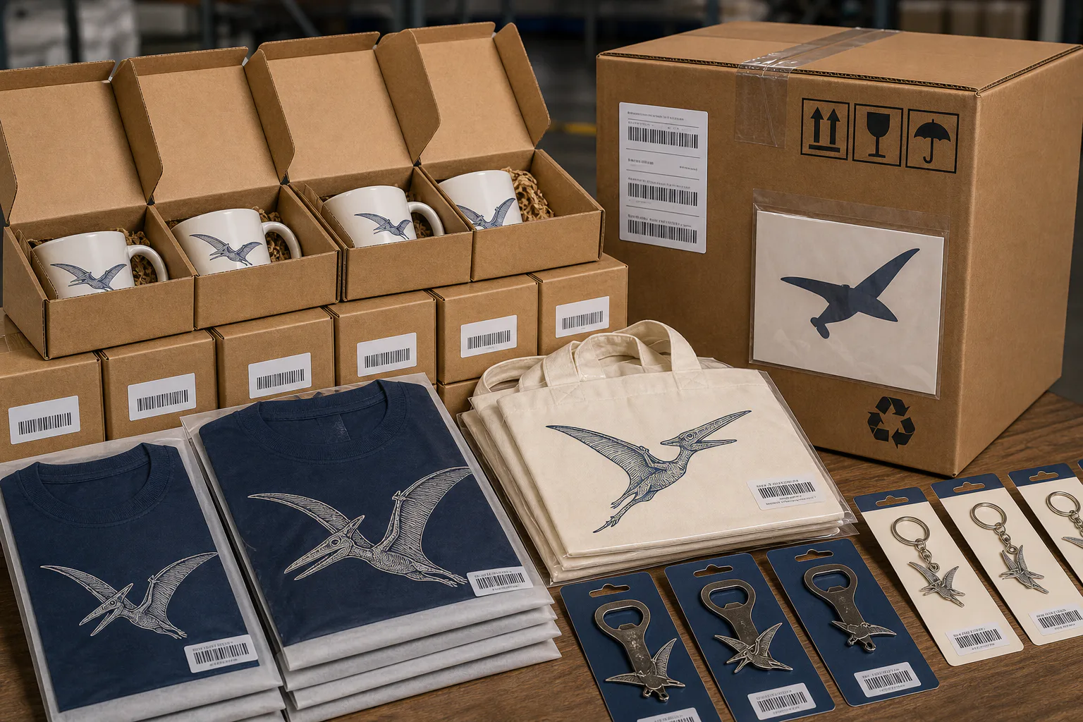 Illustrative retail packaging and DDP air-freight preparation for pterosaur museum merchandise