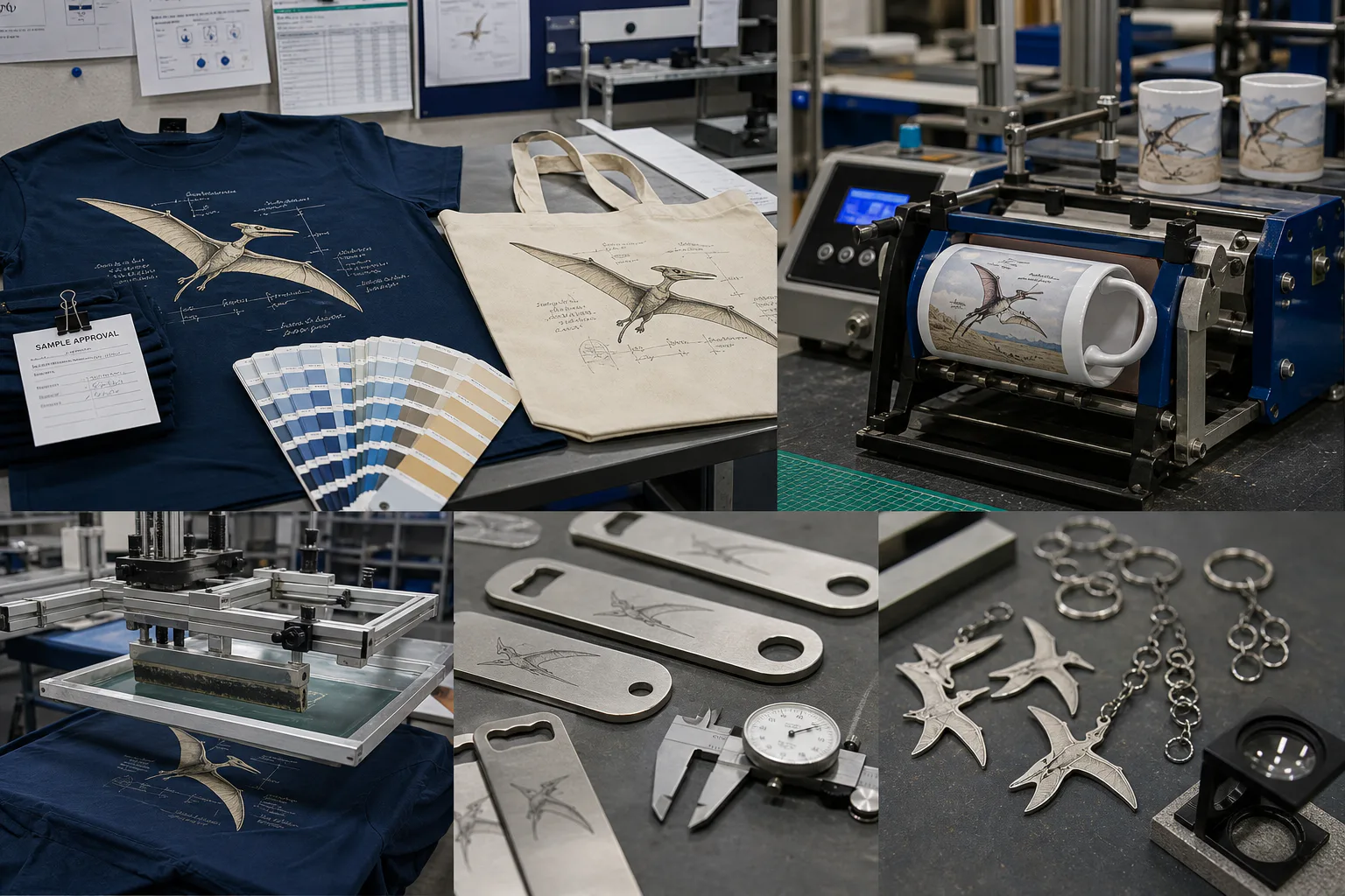 Illustrative production-planning scene for pterosaur museum merchandise