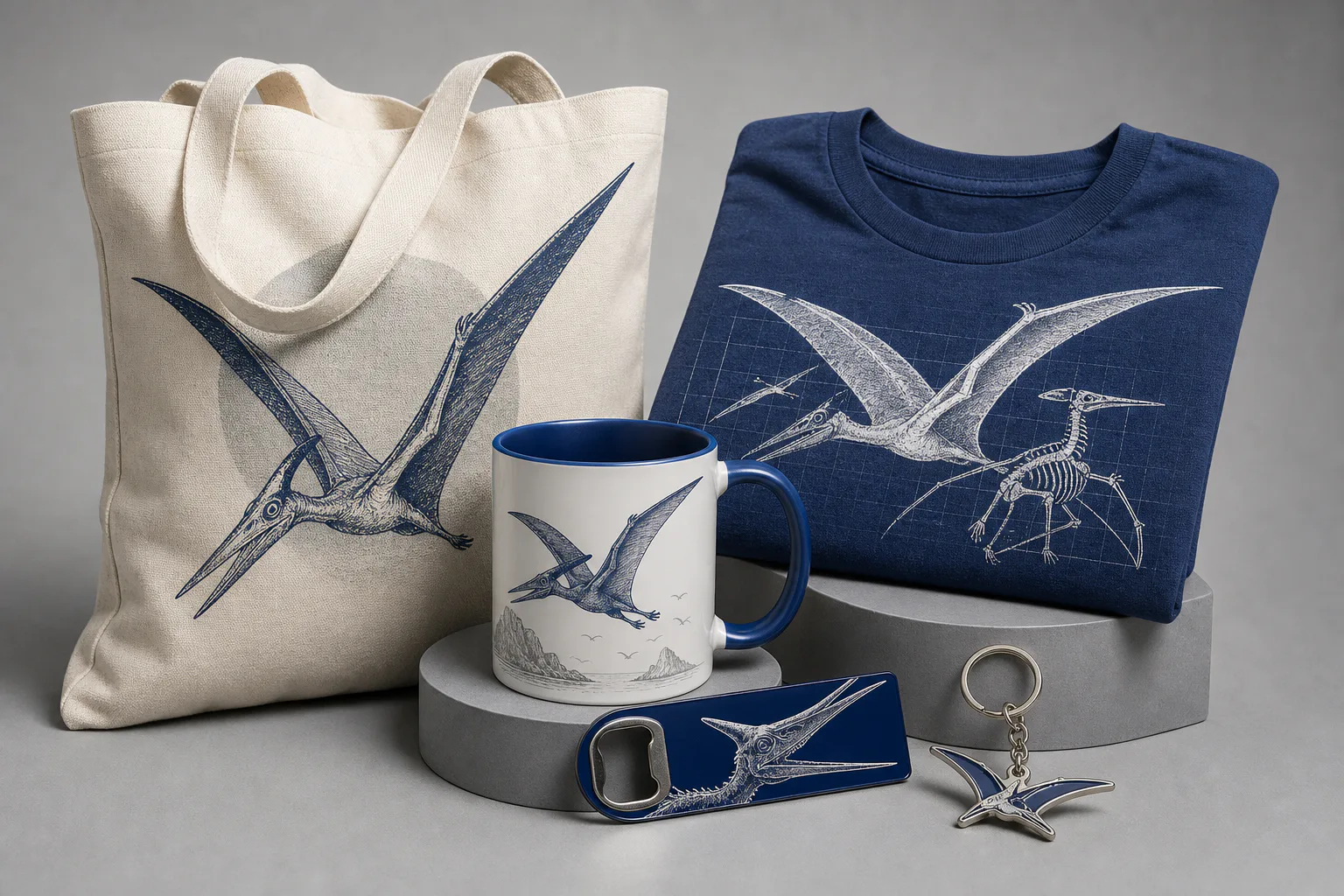 Coordinated pterosaur museum merchandise including a mug, T-shirt, canvas tote, bottle opener and keychain