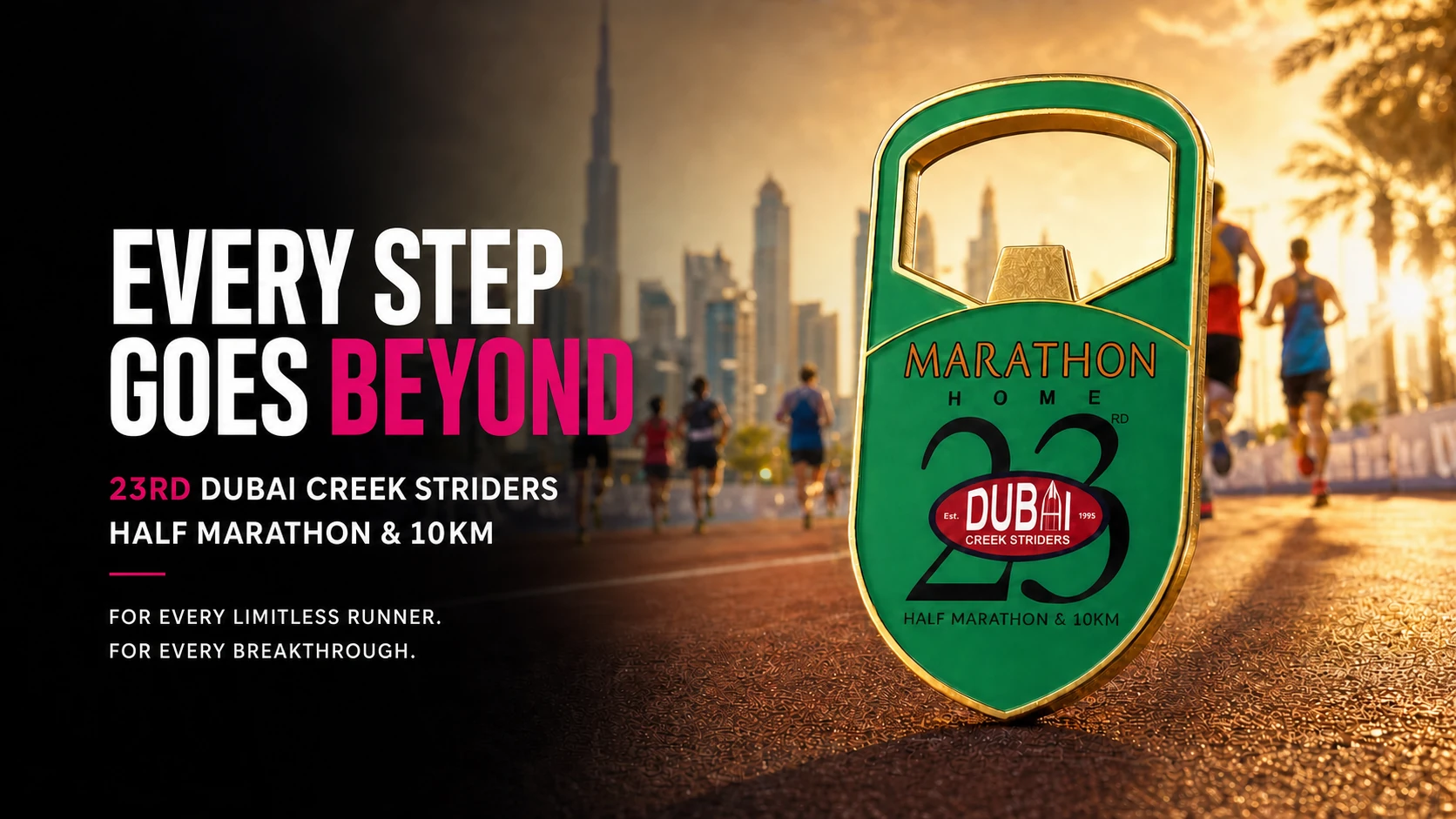Green and gold custom marathon bottle-opener magnet in a Dubai running scene