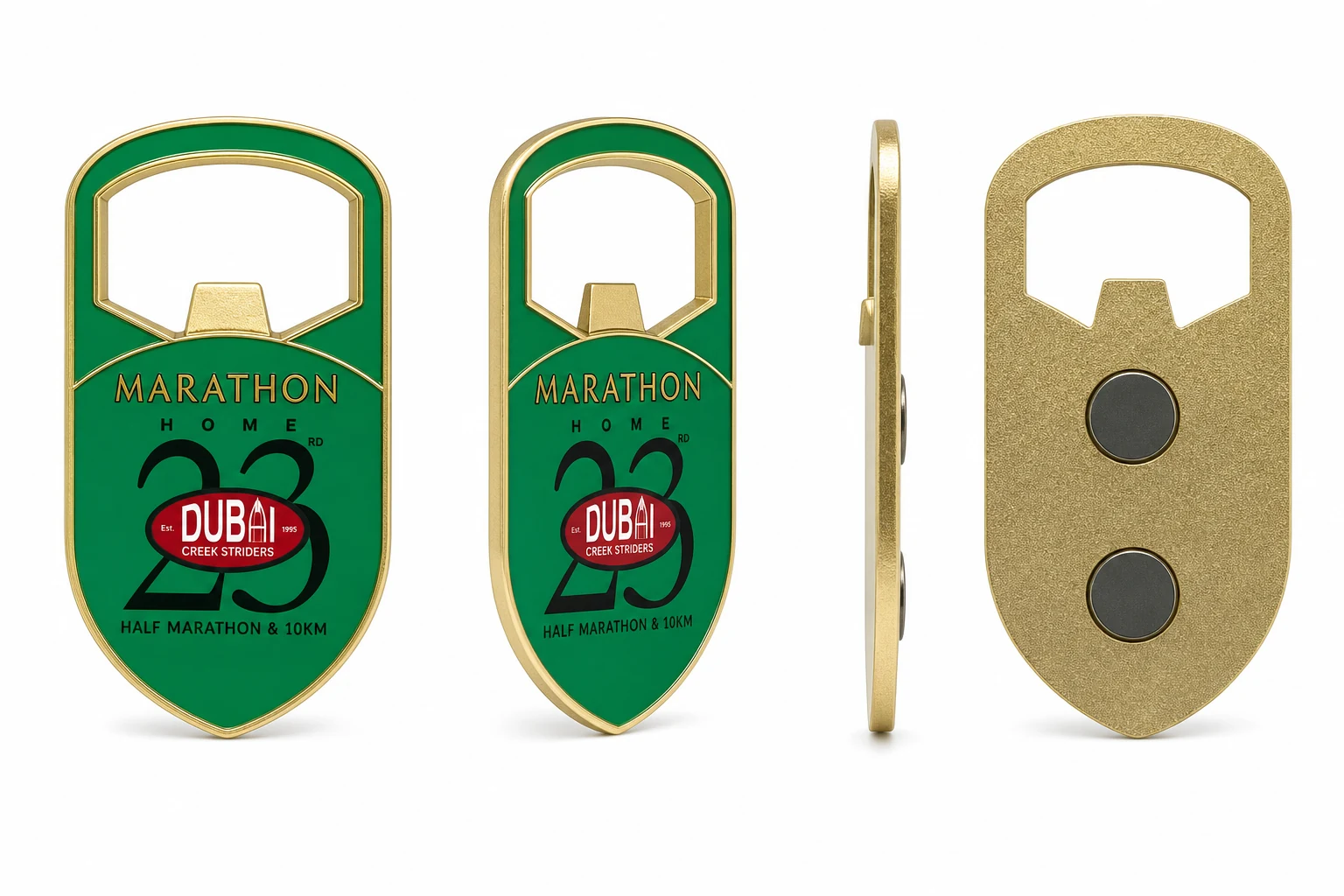 White-background product study showing front, three-quarter, side and back views of a green bottle-opener magnet