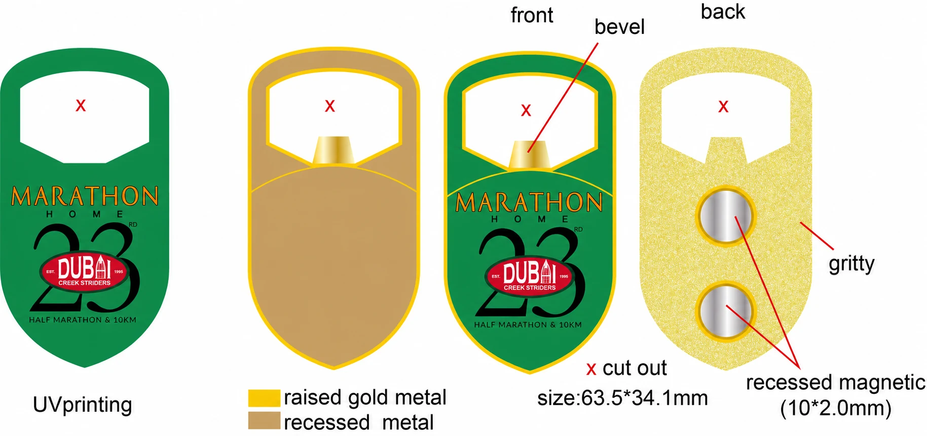 Pre-production artwork for the green and gold marathon bottle-opener magnet