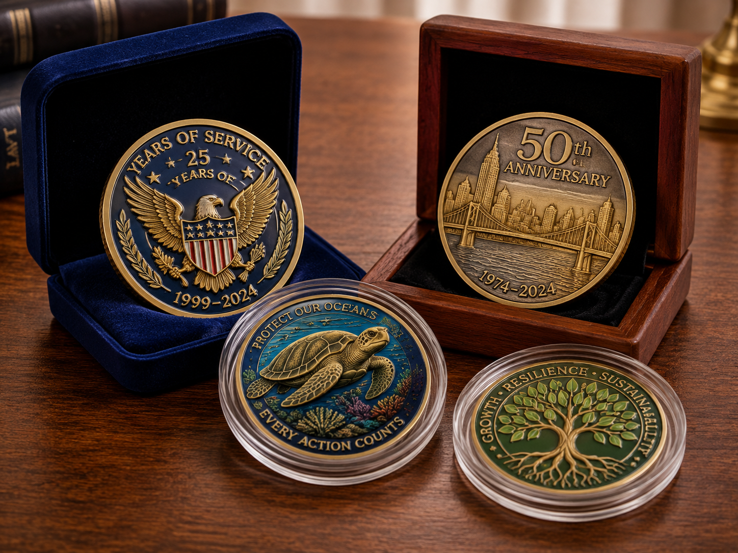 Custom commemorative coins displayed with velvet and wooden presentation boxes
