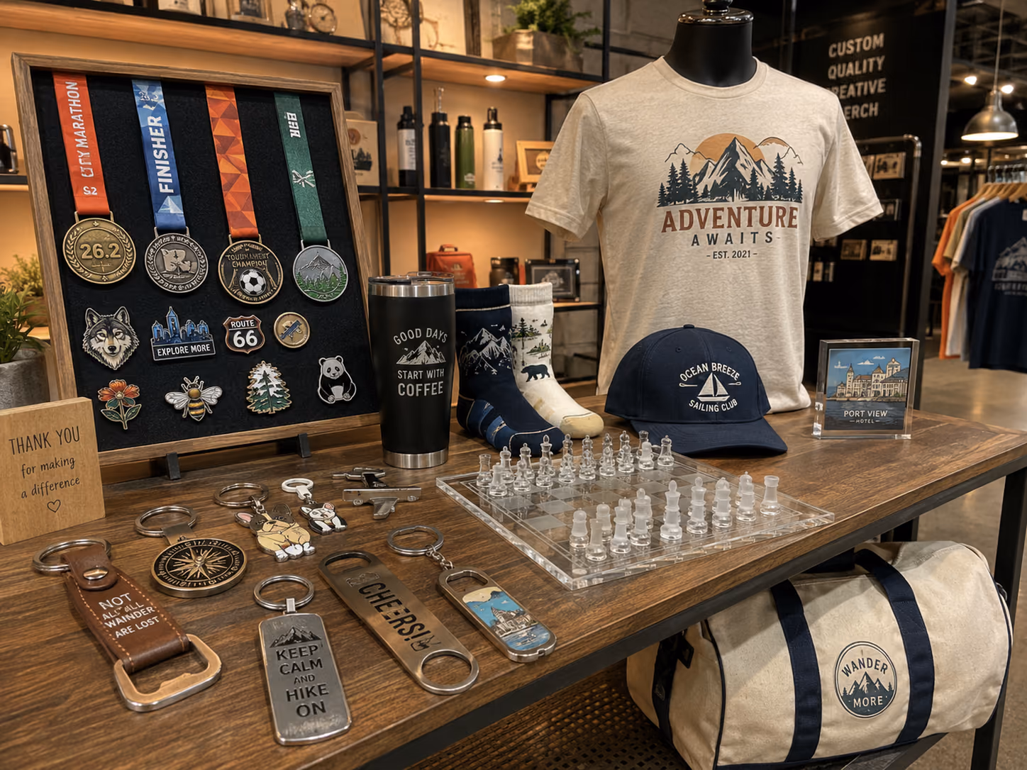 Custom medals, pins, keychains, apparel, drinkware, socks, caps and branded merchandise collection
